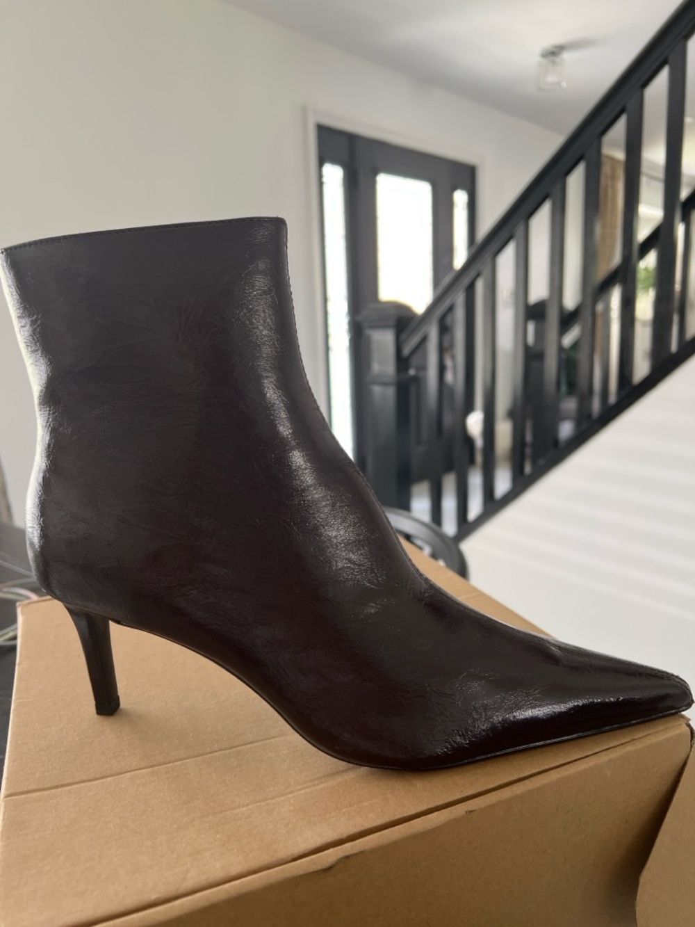 Mango Chocolate Brown Glossy Ankle Boots-Pointed Toe Heels-Size 42 / US 10 - Picture 3 of 5